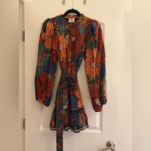 Farm Rio Beaded Buckle Long Sleeve Mini Dress